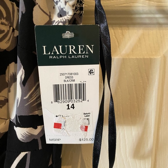 Lauren black/gray flowered boat neck gathered waist dress - Picture 7 of 11